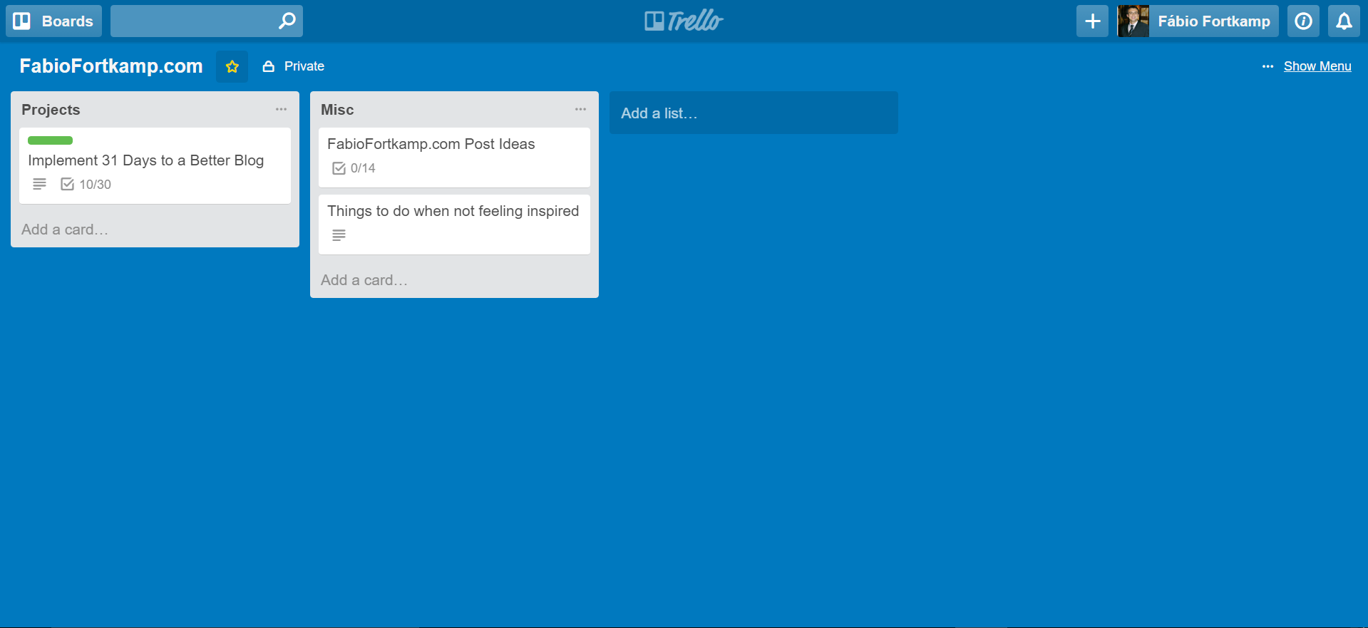 Meu quadro FabioFortkamp.com no Trello