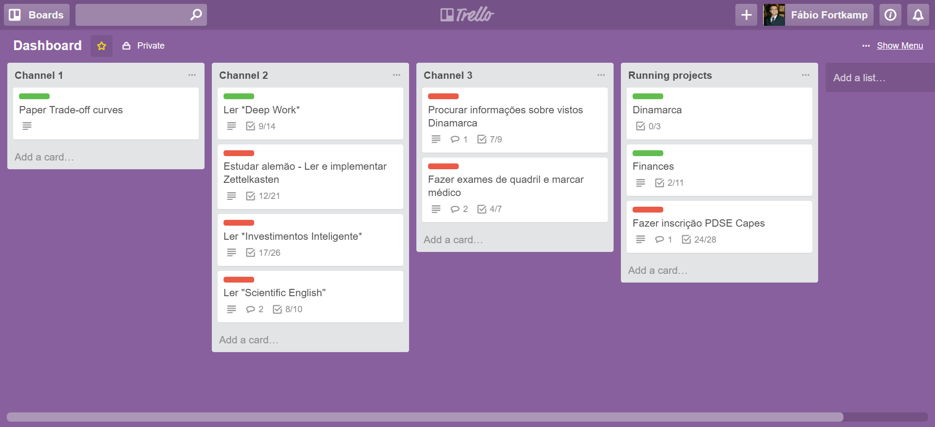 Meu quadro Dashboad no Trello