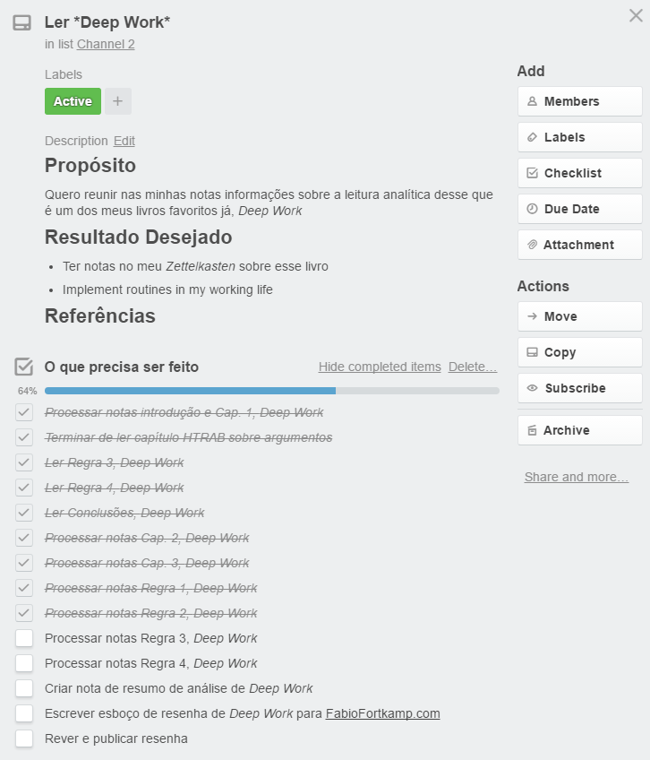 Um exemplo de cartão de projeto no Trello