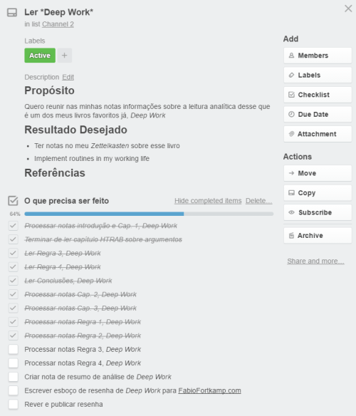 Um exemplo de cartão de projeto no Trello
