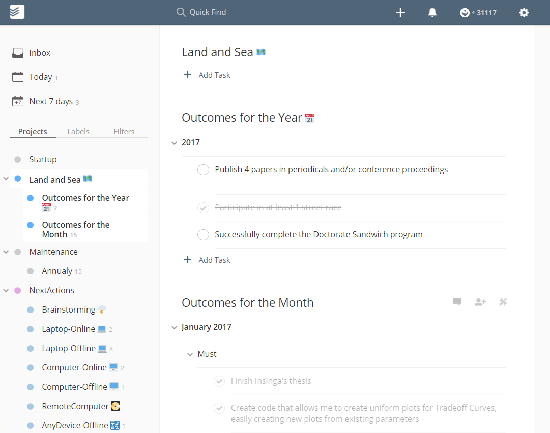 My Todoist Projects for tracking goals