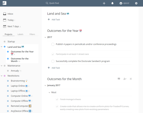 My Todoist Projects for tracking goals