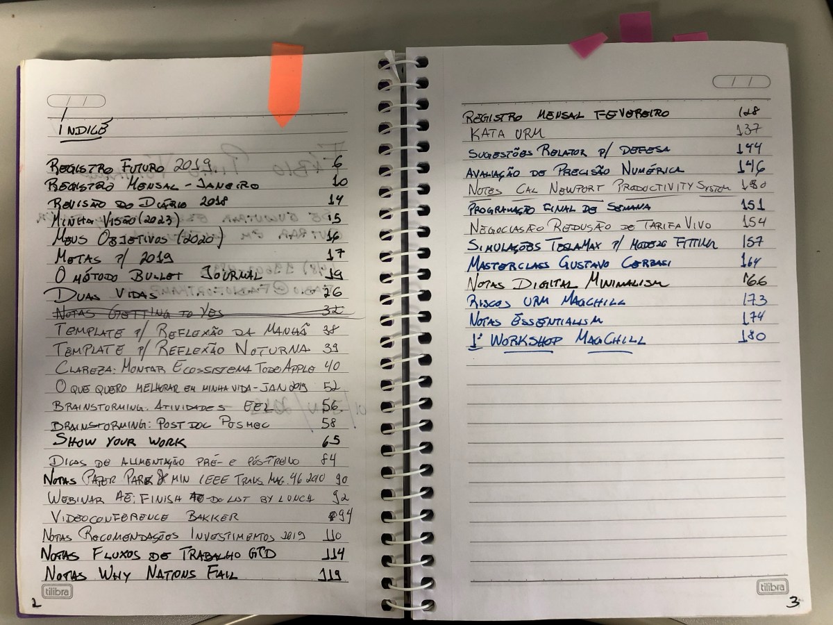 Bullet Journal mostrando minhas entradas e páginas no caderno