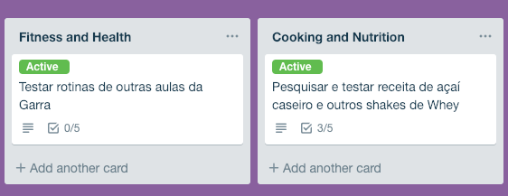 Listas de projetos Fitness no Trello