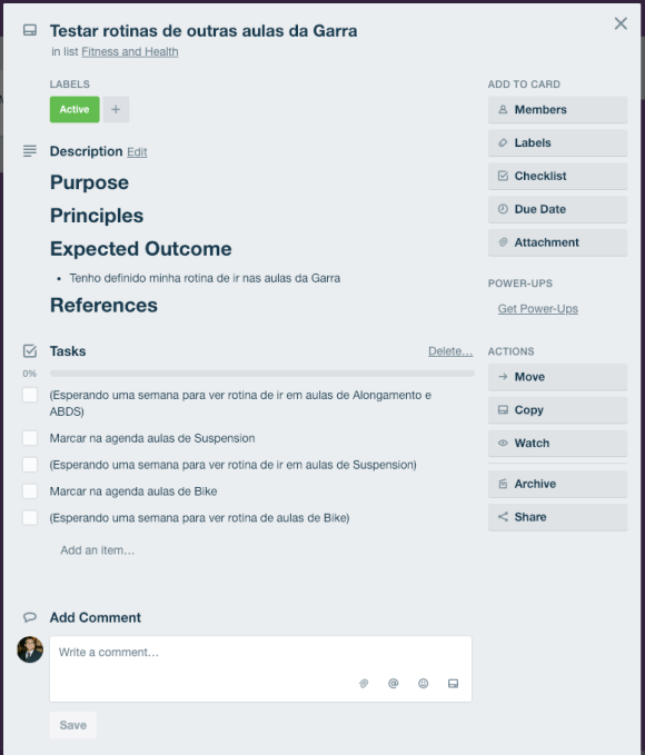 Exemplo de projeto Fitness no Trello