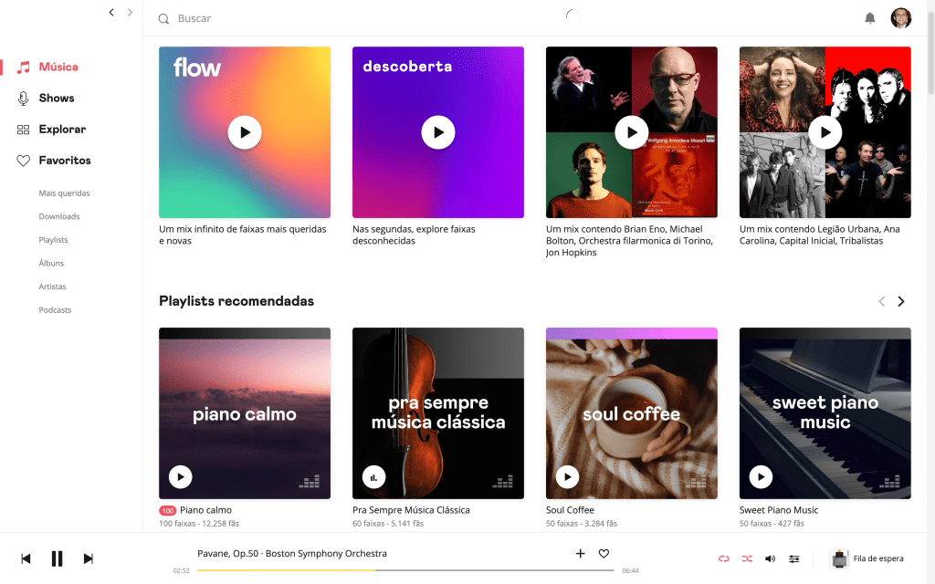 Captura de tela do Deezer, mostrando que ele me recomenda apenas playlists de música clássica e ambiente