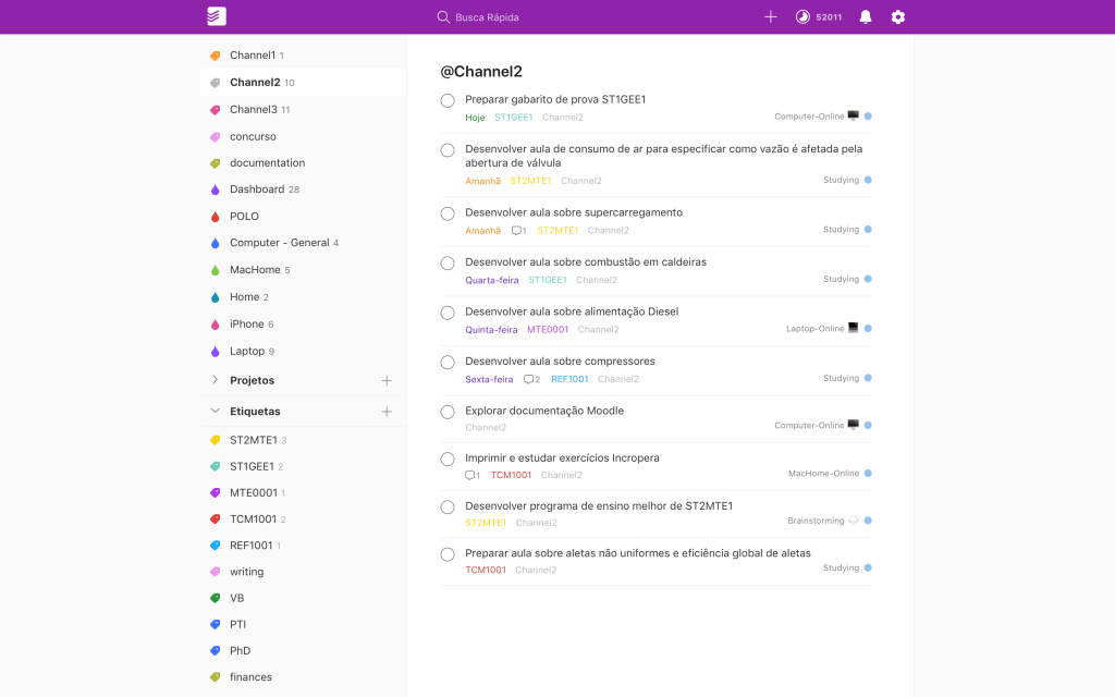 Captura de tela do Todoist, mostrando meu filtro "Channel 2" com todas as tarefas de preparar aulas